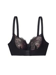 Brassiere inalámbrico de talla grande con encaje de parches, 1 pieza de lencería - Negro - Ver 2