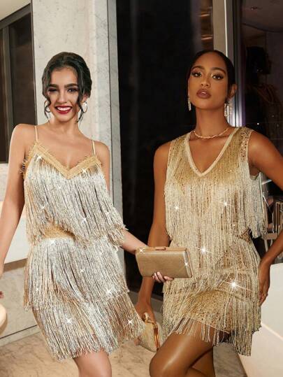 Allurite Gold Sequin Sleeveless Dress With Beadwork And Fringe,70s Retro Flapper Mini Dresses For Women,Summer Cocktail Party Night Out Homecoming Outfit