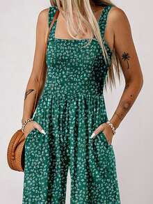 Acelitt 女士波西米亚风印花方领褶裥拼接口袋宽松阔腿休闲连体裤，夏季 - 綠色 - 查看 3