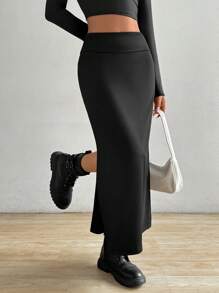 SHEIN EZwear Women's Fashion Solid Color Slim Fit Split Hem Long Skirt