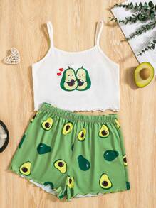 SHEIN Leap Crew Tween Girl Summer Casual Breathable Avocado Pattern Tank Top And Shorts Flame Retardant Home Pajamas Set, 2pcs - Multicolor - View 1