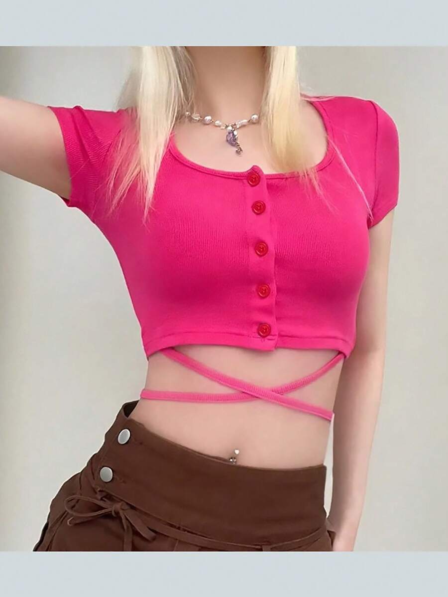 SHEIN ICON 女士夏季實色交叉式下擺單排扣短袖露腰T恤