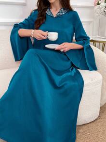 Al Najma Vestido árabe de un solo color sencillo para la vida cotidiana, con aberturas y mangas abombadas, para primavera y verano, vestido largo modesto y elegante de manga larga y longitud total tipo kaftan - Azul - Ver 7