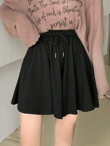 Rok celana pendek kasual warna polos musim panas dengan tali serut dan pinggang elastis, warna hitam. - Hitam - View 5