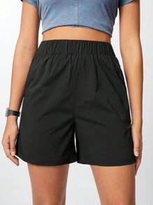 SHEIN Sports Solid Color Elastic Waistband Sports Shorts With Pockets, Summer - Black - View 4