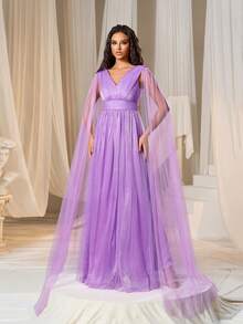 Váy phù dâu Tương phản Mesh Dây kéo màu trơn - Màu tím - Xem 6