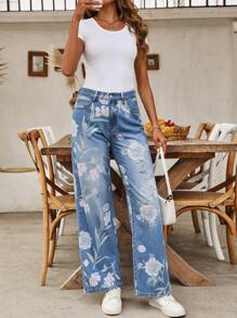 SHEIN LUNE 女士花紋休閒日常搭配直腳牛仔褲