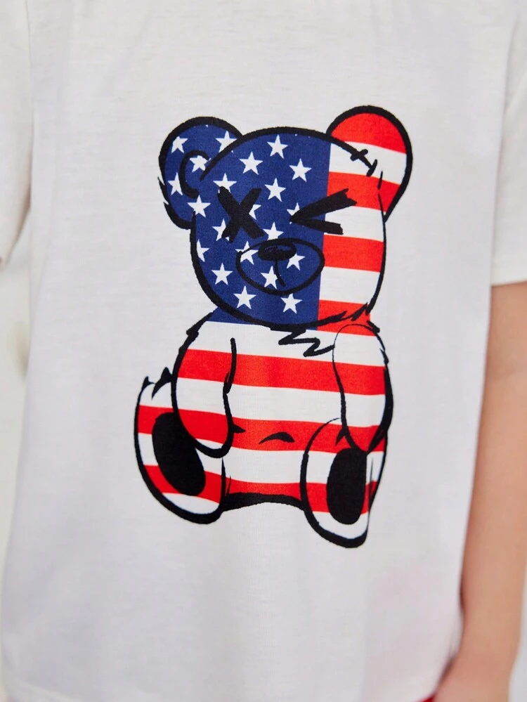 Young Boy American Independence Day Flag Theme Short Sleeve And Shorts Knit Flame Resistant Pajamas Set With Teddy Bear Print, Summer