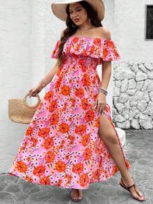 SHEIN LUNE Plus Paisley Print Off Shoulder Ruffle Trim Split Thigh Boho Long Dress For Summer - Pink - View 5