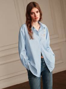 Anewsta Blue Striped Casual Casual Hollow Out Burnt-Out Embroidery Turn-Down Collar Long Sleeve Shirt