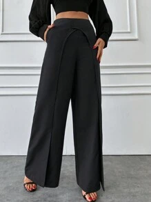 EURMUSE Side Detailed Wide Legs Pant - Black - View 1
