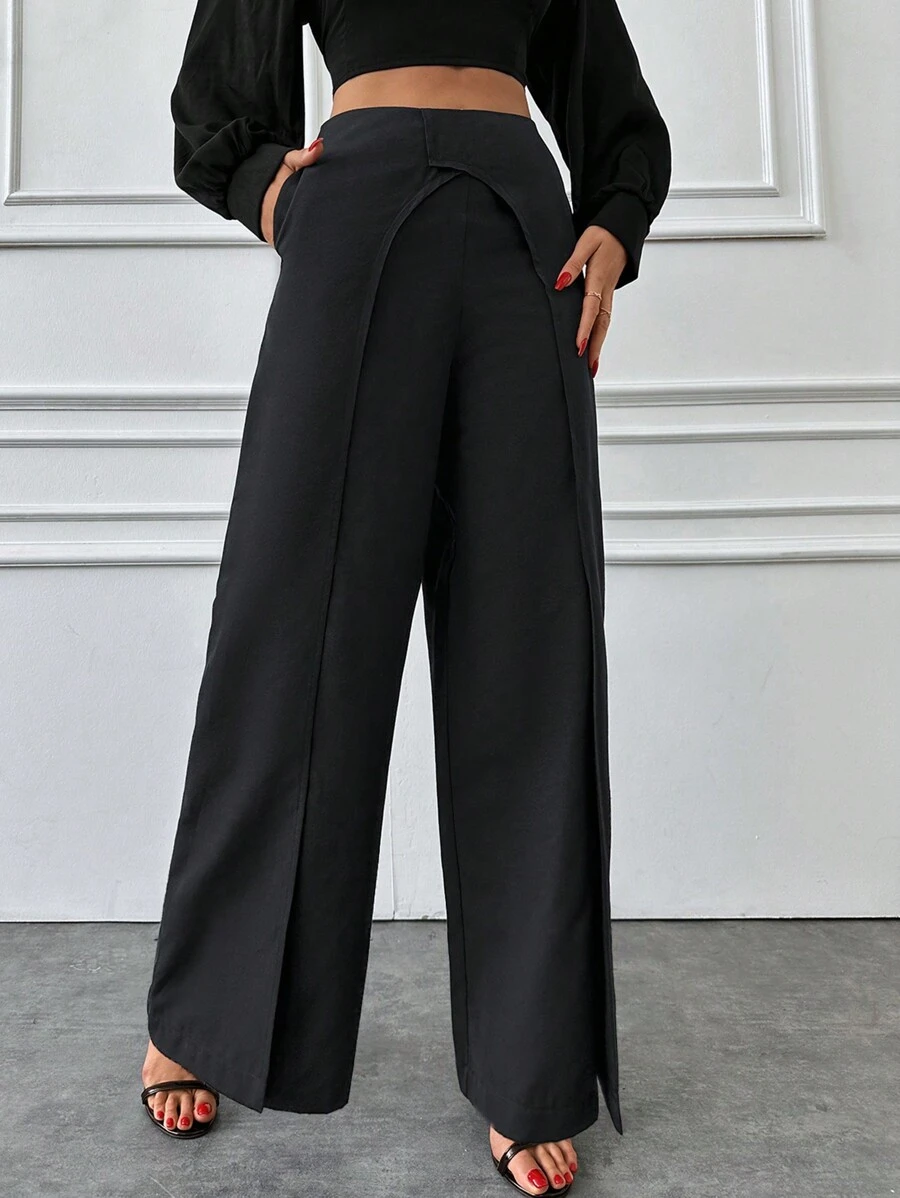 EURMUSE Side Detailed Wide Legs Pant - Black - View 1