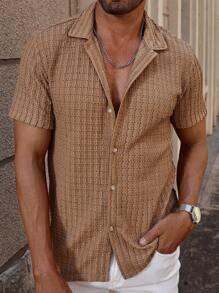 Manfinity Homme Men Simple Solid Color Short-Sleeve Button-Up Shirt (Random Print Cutting) - Khaki - View 6