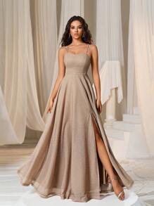 Faeriesty 纯色系带露背吊带伴娘礼服优雅正式晚会舞会婚礼宾客礼服，适合毕业典礼、晚宴派对礼服