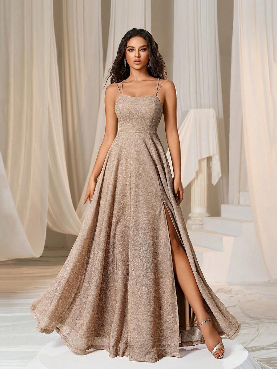 Faeriesty 纯色系带露背吊带伴娘礼服优雅正式晚会舞会婚礼宾客礼服，适合毕业典礼、晚宴派对礼服