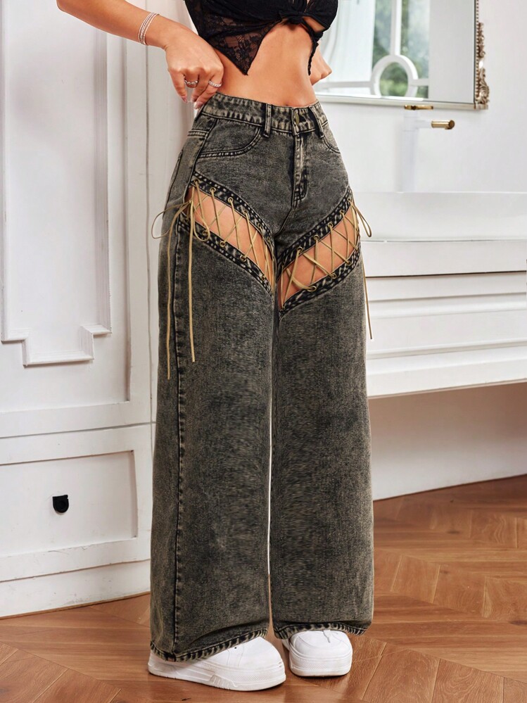 SHEIN ICON Women's Y2K Hollow Out Solid Color Wide Leg Jeans With Pockets, Casual - Black - View 5