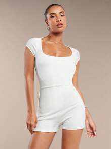 SHEIN BAE Jumpsuits de mujer, conjunto de entrenamiento de una sola pieza, Mono sin espalda, Mono con tirantes cruzados, Mono con escote cuadrado, Mono de mangas cortas, Mono de longitud corta, vestimenta de concierto para mujeres, atuendos sexys, atuendo para conciertos de música country, monos de mujer - Blanco - Ver 6