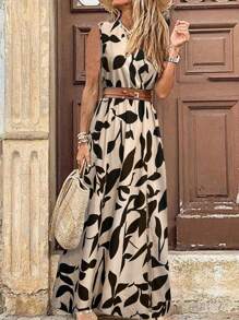 SHEIN LUNE Vestido largo casual sin mangas con impresión completa para vacaciones de verano - Albaricoque - Ver 4