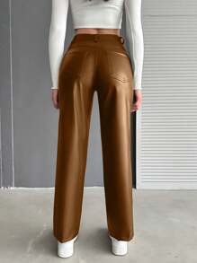 EURMUSE High Waist PU Leather Wide Leg Pants - Brown - View 5