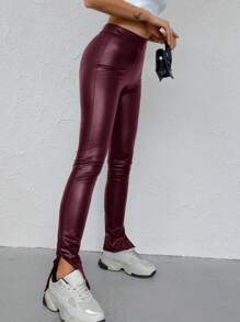 EURMUSE Split Hem PU Pants - Burgundy - View 6