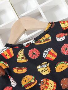 Vestido cómodo de manga corta con estampado de patatas fritas y hamburguesa de dibujos animados para niña joven junto con bolsa, adecuado para salidas y vacaciones de verano - Negro - Ver 6