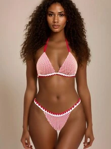 SHEIN Swim Women's Vacation Gingham Halter Neck Strap Sexy Bikini Set, Two-Piece Summer - Red and White - View 7