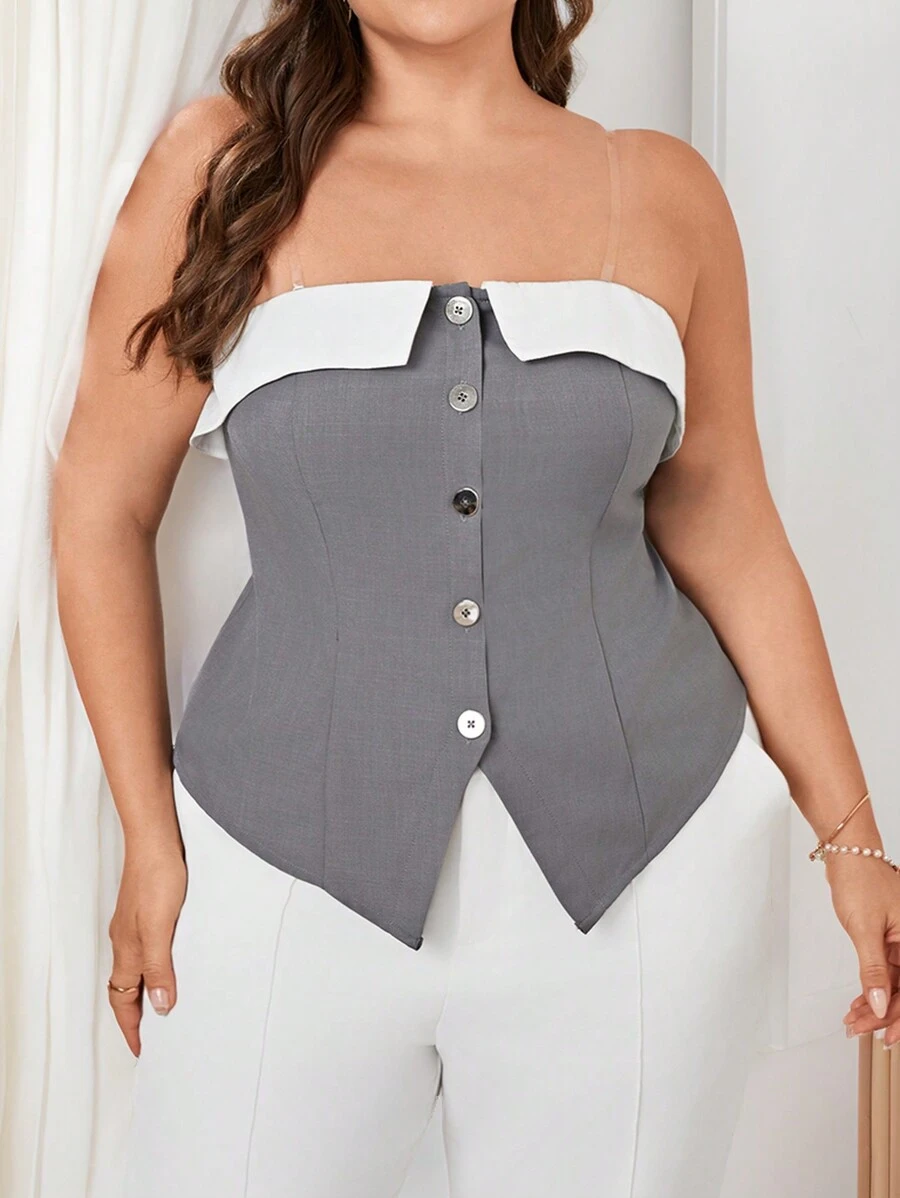SHEIN Privé Blusa para mujer de talla grande, elegante diseño con hombros descubiertos y detalles de botones metálicos y cintura en color gris y blanco, estilo sencillo y casual de negocios para la rutina diaria - Gris Oscuro - Ver 1