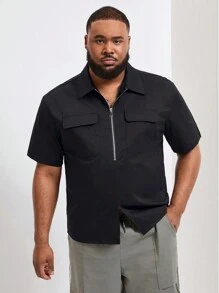 Manfinity Homme Men's Plus Size Summer Solid Color Workwear Short Sleeve Casual Shirt With Zipper And Pockets - Black - View 4