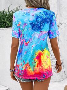 LONESS Women Tie-Dye Print V Neck Short Sleeve Casual T-Shirt For Summer