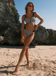 SHEIN Swim 女性夏季海灘格紋印花前結束性感比基尼套裝，附分離式泳衣 - 彩色 - 查看 3