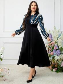 Modelyn Plus Size Women's Stylish Printed Long Sleeve Patchwork Dress