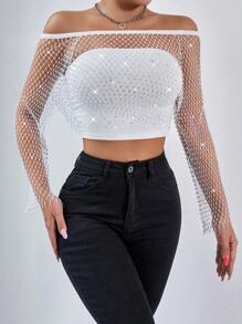 Zolique 女士时尚性感水钻渔网露肩文胸无袖短款上衣和系带露肩上衣性感时尚上衣套装，适合夏季和秋季穿着。 - 白色 - 查看 1
