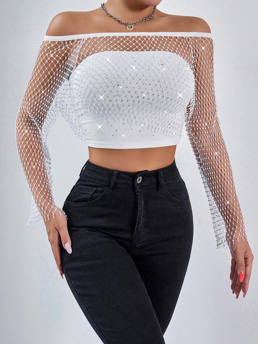 Zolique 女士时尚性感水钻渔网露肩文胸无袖短款上衣和系带露肩上衣性感时尚上衣套装，适合夏季和秋季穿着。 - 白色 - 查看 1