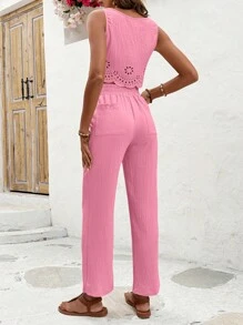 Breezaya Set áo crop top và quần dài màu trơn cho kỳ nghỉ và giải trí - Hồng - Xem 2