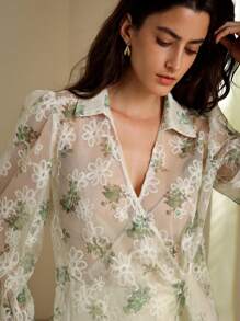 Aveloria Modichic Women's Sheer Mesh Random Embroidery Long Sleeve Shirt