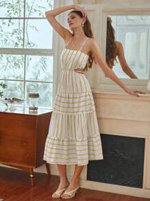 SHEIN VCAY 女式夏季条纹镂空褶皱细肩带连衣裙 - 黃色 - 查看 6