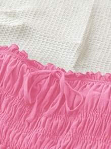 Soleia WYWH 夏季女士度假黑色无肩带素色荷叶边蝴蝶结前系带日常短款连衣裙，拼接设计 - 玫紅色 - 查看 4