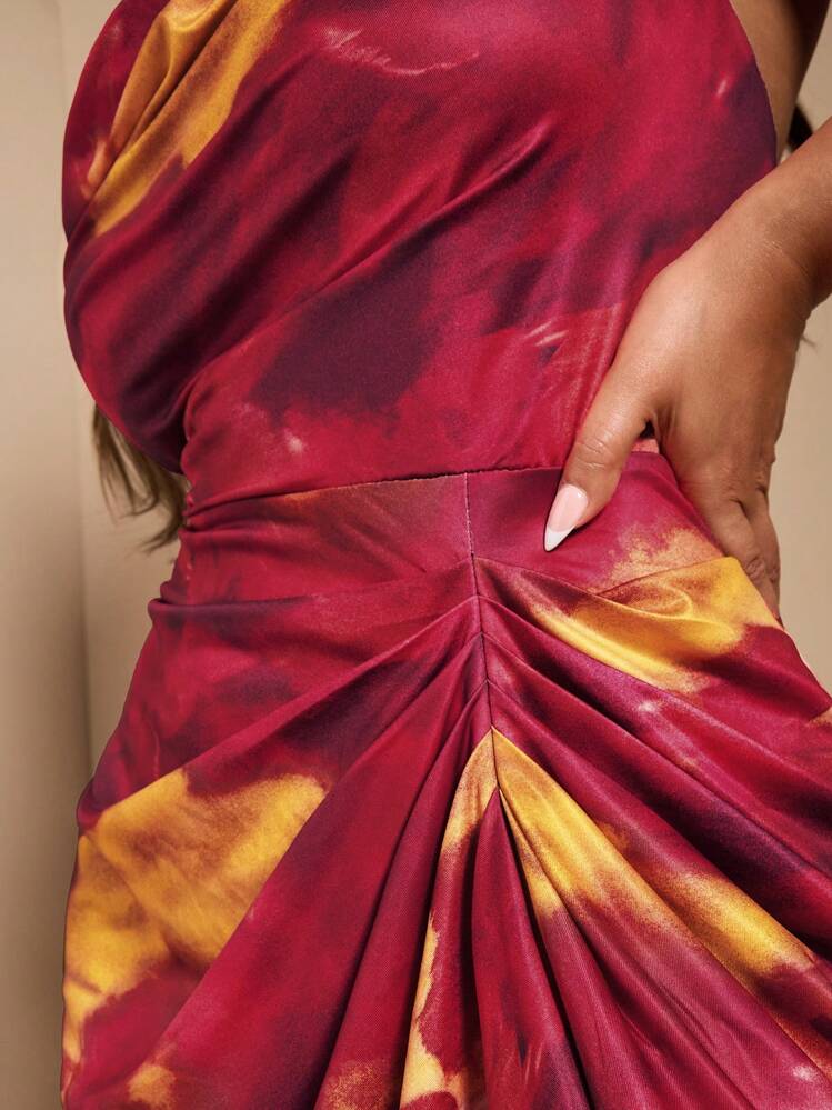 SHEIN BAE 女士加大夏季常规/节日/约会/派对 V 领开衩拼色扎染印花连衣裙，女士生日礼服 - 紅色 - 查看 6