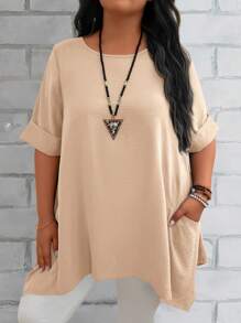 EMERY ROSE Camisas flojas para mamá de talla grande para mujer con cuello redondo azul de verano, manga corta y doble bolsillo - Albaricoque - Ver 4