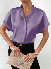 Chiquease Summer Casual Solid Color Stand Collar Batwing Sleeve Shirt - Mauve Purple - View 6