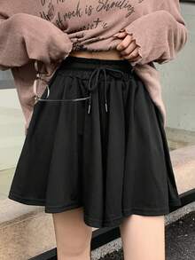 Rok celana pendek kasual warna polos musim panas dengan tali serut dan pinggang elastis, warna hitam. - Hitam - View 3