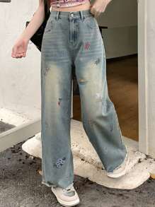 DAZY Ladies' Cherry Printed Loose Fit Straight Leg Denim Jeans With Raw Hem Pockets,Back To School Clothes - Light Wash - View 1