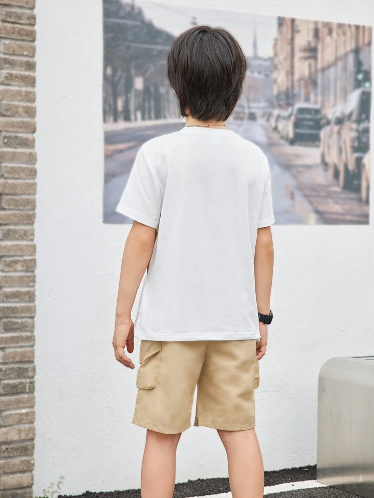 Tween Boy 2pcs Casual Short Sleeve Colorblock Top And Work Shorts Set, Summer