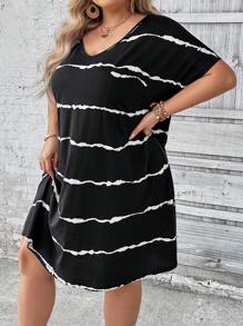SHEIN CURVE+ 特大碼黑白色縫染條紋休閒寬鬆T恤裙（附口袋），夏日連衣裙 - 黑與白 - 查看 4