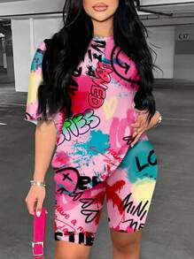 Slaydiva 大尺碼夏季休閒彩墨塗鴉印花短袖T恤和短褲套裝