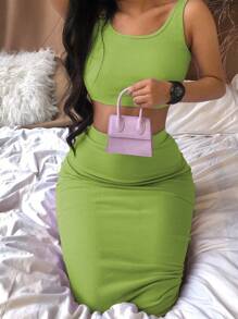 Zolique 女士夏季純色短背心和修身長裙套裝 - 綠色 - 查看 5