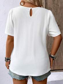 Momelise Plus Size Vacation Leisure Solid Color Textured Puff Sleeve Shirt - White - View 2