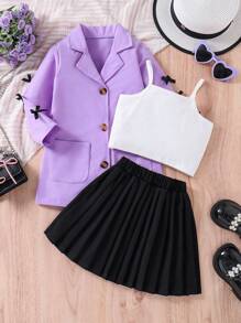 SHEIN 女孩通勤休閒時尚淺紫色西裝外套和裙子套裝
搭配經典的黑色百褶裙和白色短袖上衣，讓她的穿著風格更上一層樓。這款優雅時尚的服裝非常適合愛時尚和表達自我的孩子。 - 紫色 - 查看 3