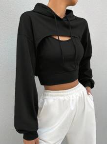 Cottnline Solid Crop Drawstring Hoodie & Cami Top - Black - View 3