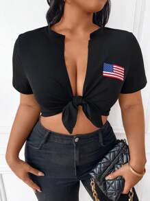 Flirla Large Women's Knitted Cross Twisted T-Shirt - Black - View 1